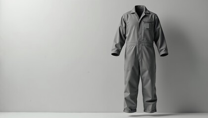 Clean grey janitor uniform coveralls with name badge displayed. Garment on plain background. Minimalist visual for cleaning services or handyman work. Ready to wear.