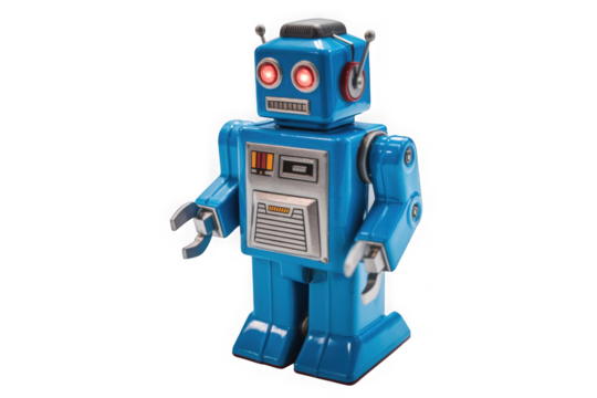 Retro blue tin robot toy with glowing red eyes and mechanical arms isolated on transparent background