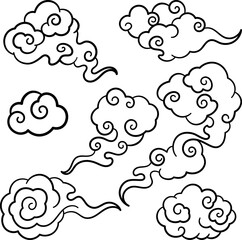 Set of Hand Drawn Asian Cloud Outline Elements. Traditional Japanese and Chinese Clouds Line Art Icon Collection.