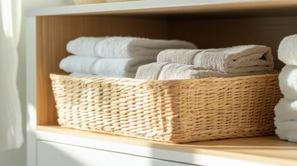 A bamboo basket with folded towels stored on a shelf