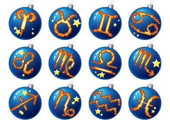 Zodiac signs on blue christmas balls