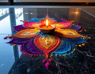 Vibrant Rangoli Design with Lit Diya Symbolizing Indian Festival Celebrations on a Dark Floor