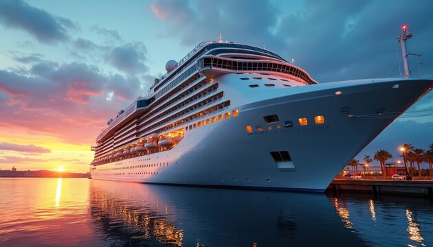 Large white cruise liner docks at pier during vibrant sunset over calm water. Palm trees line shore near harbor lights. Ocean liner waits for passengers. - Powered by Adobe