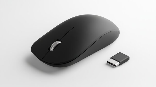 A black wireless computer mouse with a USB C port in close view