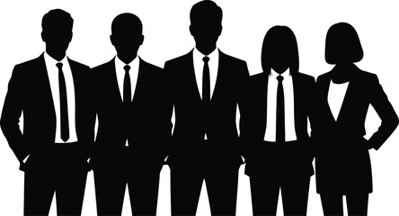 Five corporate individuals in business suits stand side by side on an isolated white background
