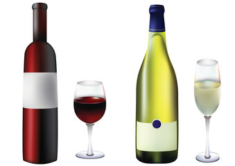 Champagne and red wine in glasses and bottles
