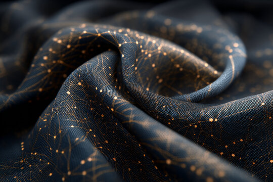 close up view of dark blue fabric with abstract glowing orange connections