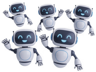 Five friendly white robots waving hello, isolated on transparent background isolated on transparent background