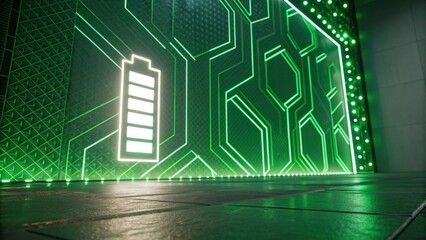 A futuristic green wall design featuring a battery icon, illuminated with circuit patterns, creating a high-tech ambiance.