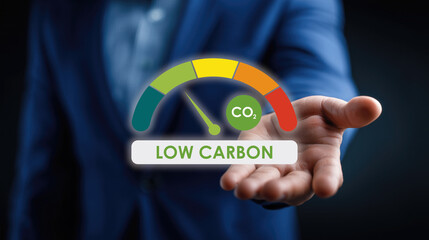 Business professional hand holding low carbon gauge with CO2 icon, color-coded meter for environmental sustainability and eco-friendly concept in modern business practice.