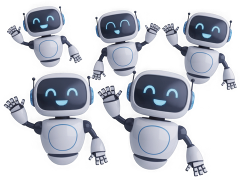 Five friendly white robots waving hello, isolated on transparent background isolated on transparent background