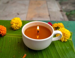 Traditional Indian oil lamp diya glowing bright with marigold flowers on banana leaf during