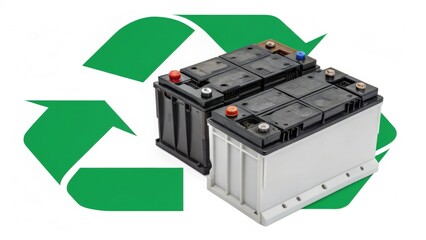 Two car batteries are shown against a recycling symbol, highlighting the importance of battery recycling for sustainability.