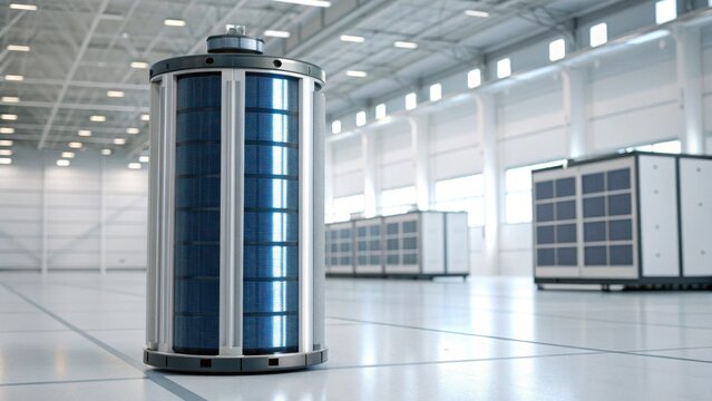 A futuristic energy storage device is showcased in a spacious, modern facility, surrounded by advanced technology and solar panels.