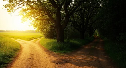 A fork in a country road offers a choice between a sunny, bright path and a dark, shadowy one.