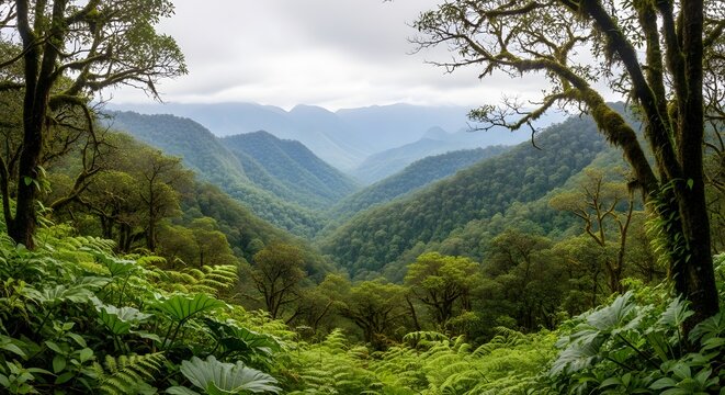 Lush green rainforest cascades in the mountains; aerial nature stock for travel marketing, adventure blogs, and nature documentaries.