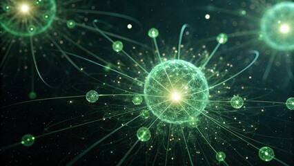 An abstract visualization of green particles and energy waves, suggesting themes of science and technology in a dark background.