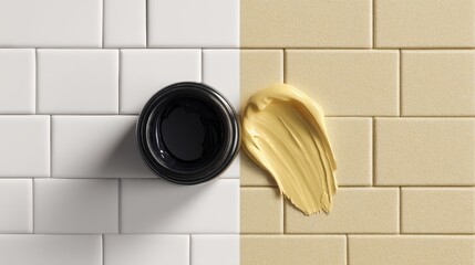 Barrier repair cream concept. Paint can beside tiles, showcasing color options for renovation.