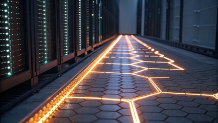 A dimly lit data center corridor with illuminated pathways, showcasing rows of server racks and a modern technological ambiance.