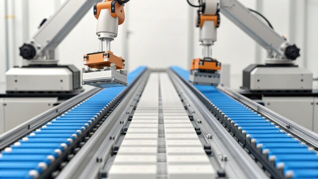 A high-tech manufacturing setup featuring robotic arms operating on a conveyor belt, showcasing automation and modern production processes. - Powered by Adobe