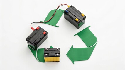 Two batteries with connecting wires form a recycling symbol, illustrating the concept of battery recycling and sustainability.