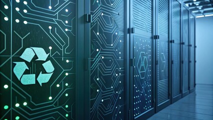 A futuristic server room featuring circuit patterns and a green recycle symbol, indicating a focus on sustainability in technology.