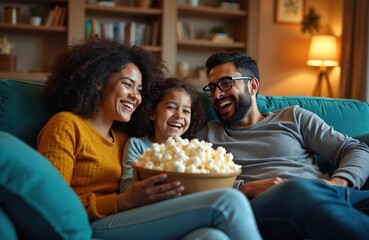 Mixed race family sits on comfy couch in living room. Mom, dad, daughter watch funny movie, share big bowl of popcorn. Laugh joyfully, enjoy quality time together at home. Diverse parents, cute kid