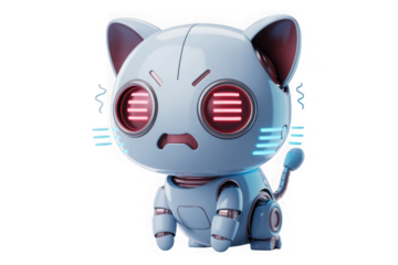 Cute angry robot cat with red glowing eyes and blue neon accents isolated on transparent background