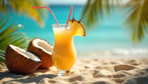 Yellow cocktail with pineapple slice and straw rests on sandy beach with coconuts. Calm turquoise sea and palm leaves form tropical background. Refreshing summer drink.