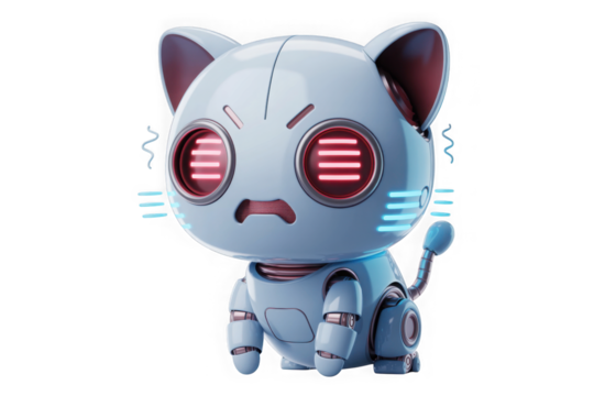 Cute angry robot cat with red glowing eyes and blue neon accents isolated on transparent background