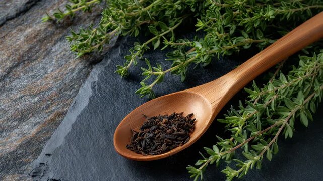 8Wooden spoon resting diagonally across a black stone slab, filled with dark tea leaves and framed by delicate green thyme branches