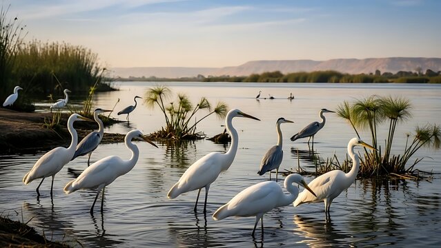 Several egrets and herons wading in shallow water at sunrise