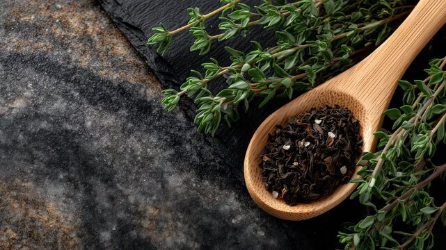 9Wooden spoon resting diagonally across a black stone slab, filled with dark tea leaves and framed by delicate green thyme branches