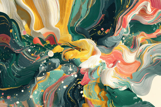 Vibrant abstract liquid art with swirling textures in teal yellow pink and white - Powered by Adobe