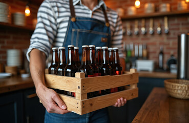Bartender in apron carries wooden crate of craft beer bottles. He brings refreshing cold drinks to guests in rustic bar. Employee serves alcohol beverage inside a busy brewery.