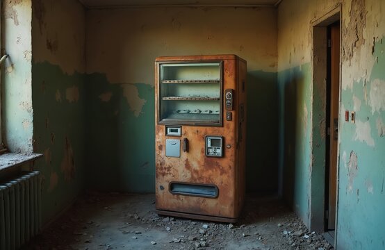 Old rusty vending machine stands lonely in abandoned room. Peeling paint covers crumbling walls, debris litters dusty floor. Forgotten industrial interior shows, desolation, ruin. Machine looks - Powered by Adobe