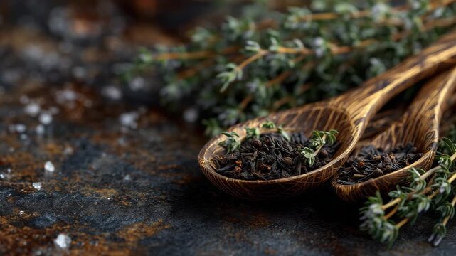 11Rustic composition of a carved spoon holding rich black tea leaves, thyme sprigs artfully placed on a dark textured background with warm, moody tones