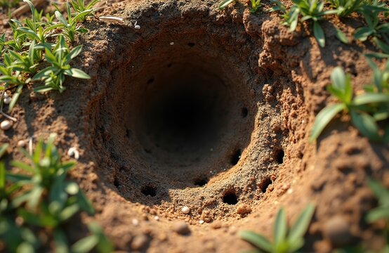 Earthen ant nest entrance surrounded by green plants. Dark hole leads underground. Details of the soil and ground texture seen. Natural habitat for insect colony in nature. Animal home. - Powered by Adobe