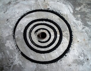 Intricate black spiral pattern created with granular powder on a textured grey concrete surface