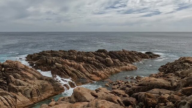 Injidup Natural Spa, Overcast Sky Over Unique Rock Pool with Crashing Waves and Sculpted Granite Formations, Western Australia
