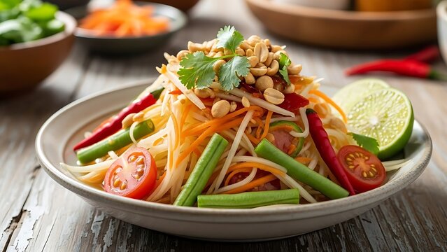 Green papaya salad with peanuts, chilies, and lime on rustic table