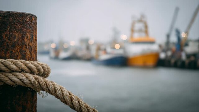 14Detailed view of a heavy, rusty steel bollard secured with a frayed rope, harbor vessels and dockside activity softly blurred in the distance