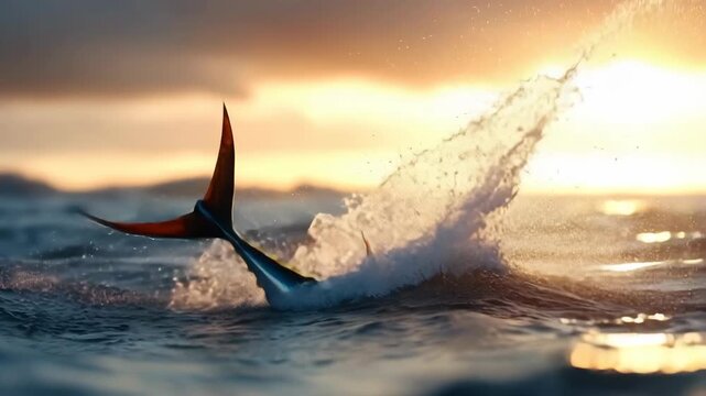 Tuna Fish Leaping from Ocean at Sunset