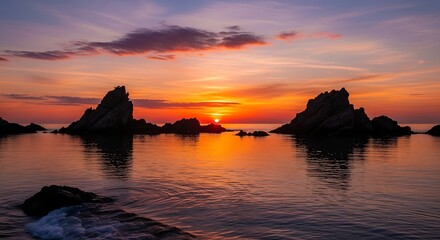 Serene twilight seascape featuring dramatic rock formations and captivating reflections on the calm ocean water, painting the sky in warm hues.