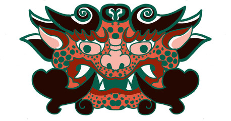Korean Traditional Dragon Mask Illustration in Folk Art Style