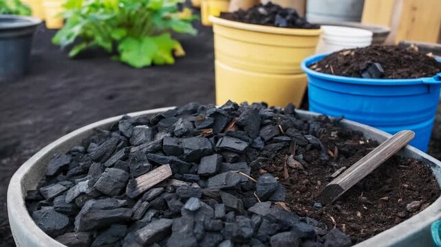Carbon neutral farming concept. Charcoal and soil in pots for sustainable agriculture.