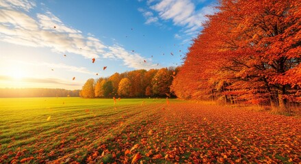 Vibrant autumn forest with falling red leaves next to a green field at sunset.