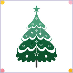 Vector illustration of green Christmas tree with snowflake and star ornaments clipart