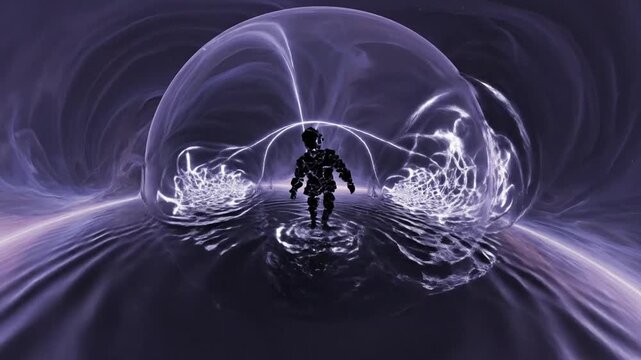 Inside a hollow sphere of liquid twilight, an entity shaped like a folded shadow unravels itself into walking geometry.