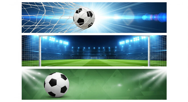 Collection of three soccer banner designs featuring a football breaking a net, a stadium with bright lights, and a ball on a green field